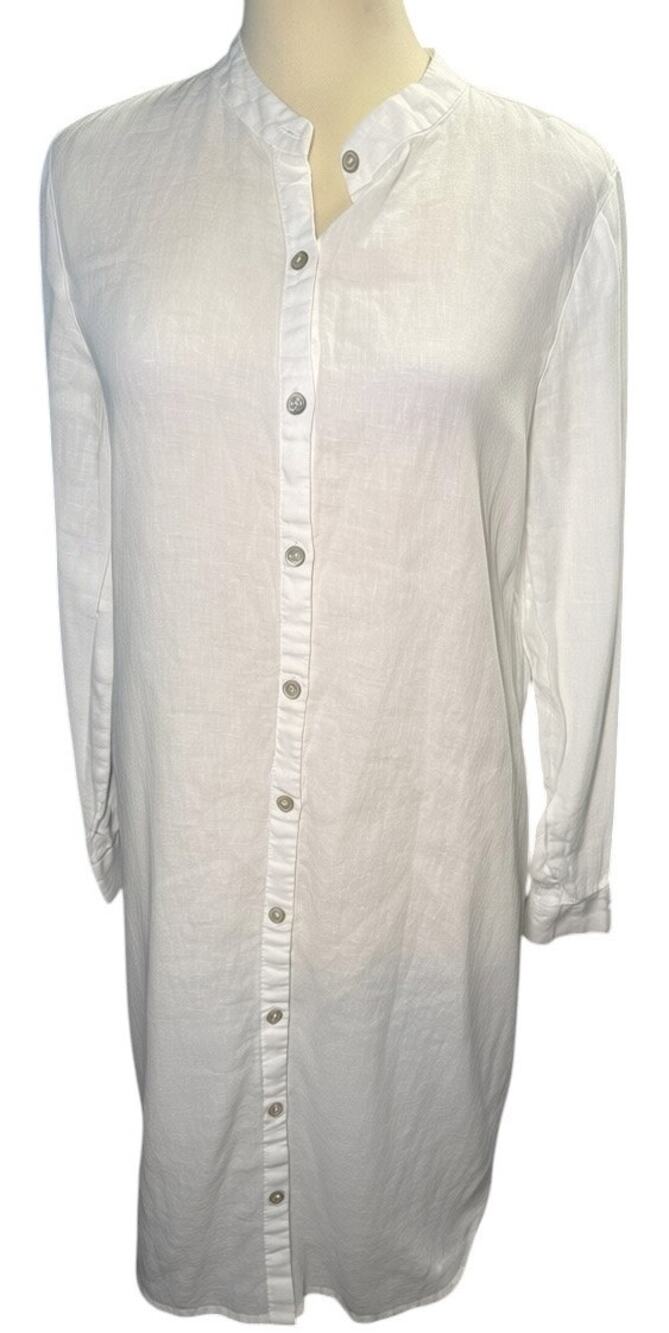 Eileen Fisher White Organic Linen Mandarin Collar Button Shirt Dress, Small